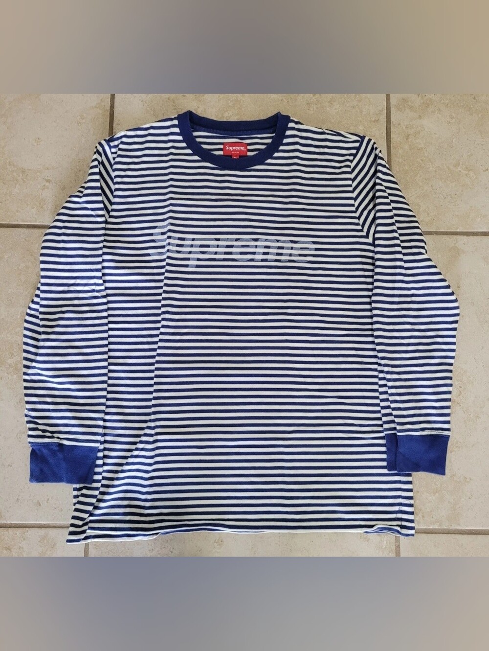 Supreme T-Shirt Mens Size XL Striped Logo Longsleeve Navy Blue